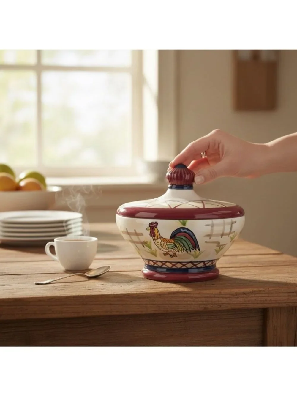 Heartfelt Kitchen Creations Hand-Painted Ceramic Rooster Design Lidded Bowl